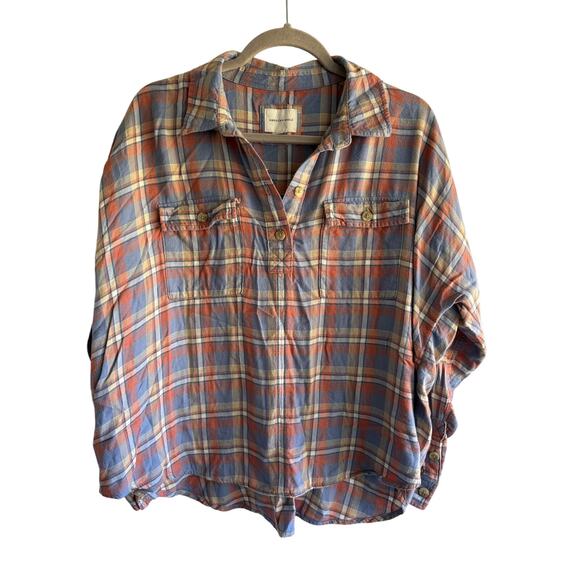 American Eagle Y2K Blue Orange Plaid Soft Flannel Long Sleeve Blouse size Medium - Picture 2 of 6